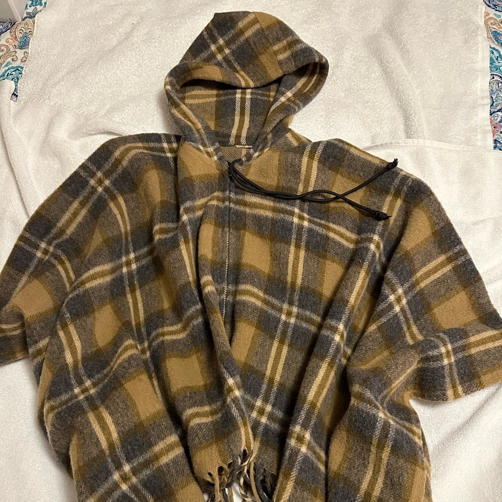 Plaid Wool Zip Up Poncho With Fringe